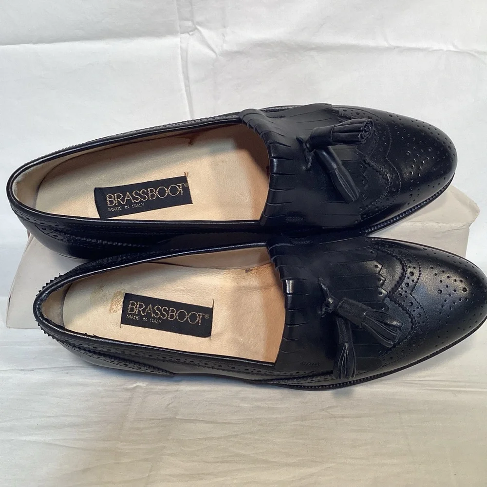 Brass Boot Vintage Italian Made Men's Black Leather Wingtip Tassel Loafers 8 1/2